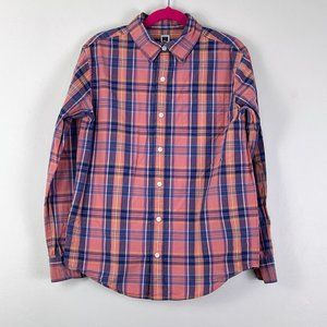 Janie and Jack Pink Plaid Button Down Shirt with Button-Tab Sleeves Size: 10